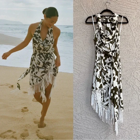 ANTHROPOLOGIE Olive Green & White Satin Fringe Cover Up Halter Dress - Picture 1 of 15